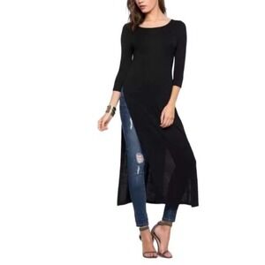 J Jill Wearever Collection Long Black Side Split Scoop Neck Knit Tunic Top XS